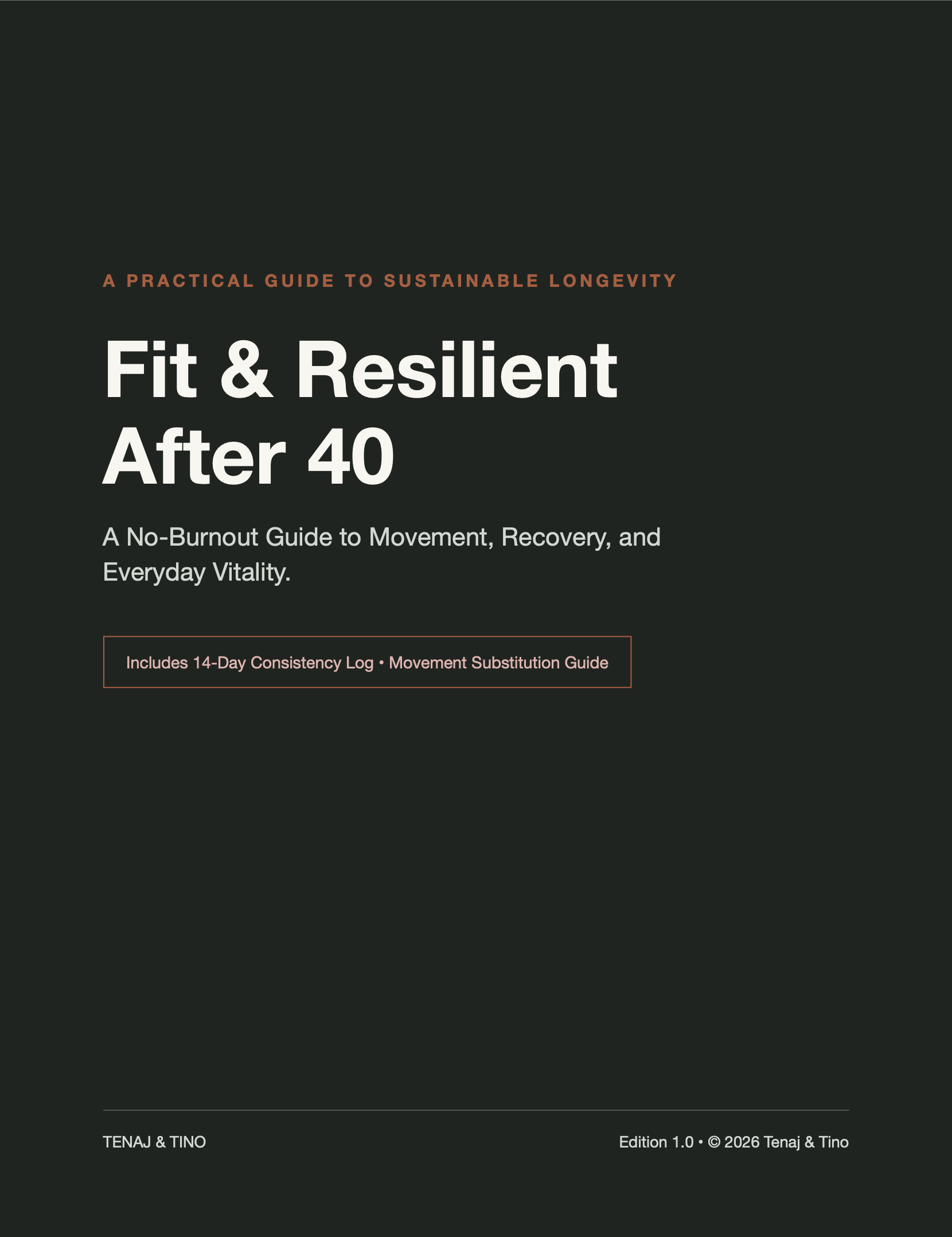 Cover of Fit & Resilient After 40, a free 6-page guide with a 14-day accountability log